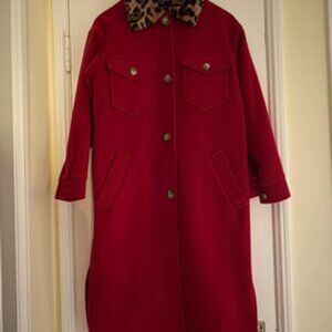 Helene Berman London x Anthropologie Red Coat w/Leopard collar Size XS